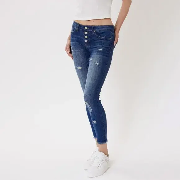 Distressed MidRise Button Fly Ankle Skny Jeans - Picture 8 of 8